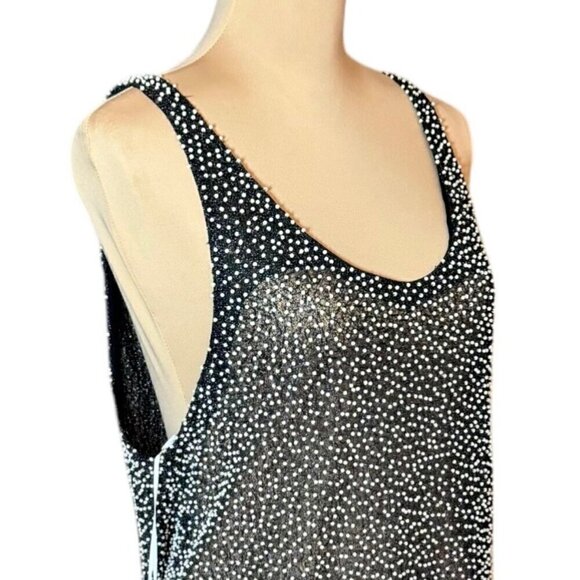 NWT Pearl Beaded Tank Top Sz. M Black Sheer Tunic Long Event Evening 90s - Picture 3 of 11